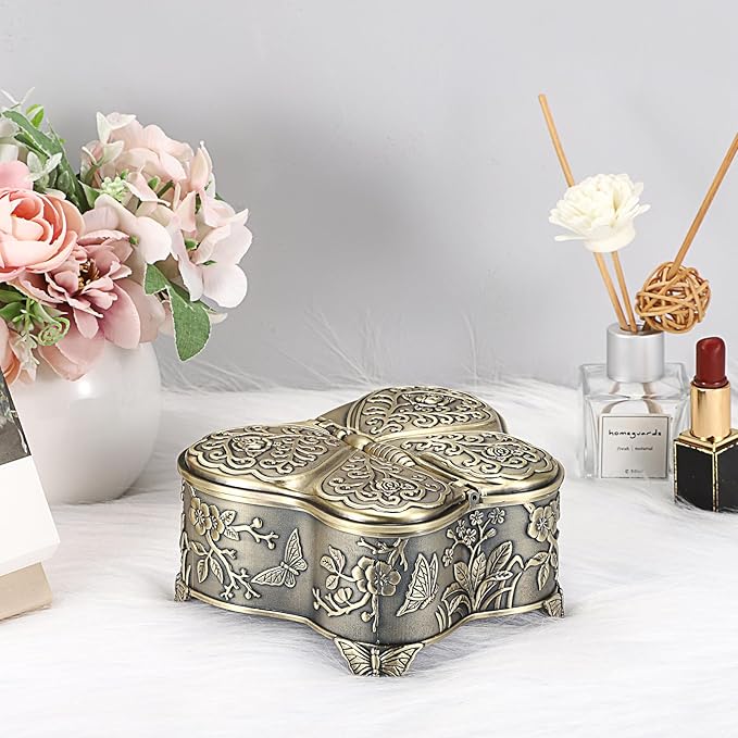 Hipiwe Antique Metal Jewelry Box Butterfly Shape Jewelry Storage Organizer Vintage Trinket Box Treasure Chest for Ring Earrings Necklace Decorative Keepsakes Box, Bronze, Large