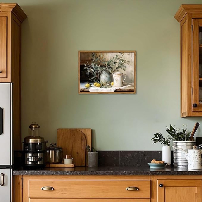 Framed Vintage Kitchen Wall Art, Rustic Yellow Lemon Still Life Pictures Wall Decor, Country Botanical Paintings Canvas Prints Farmhouse Home Decor for Dining Room Living Room 12x16 inch