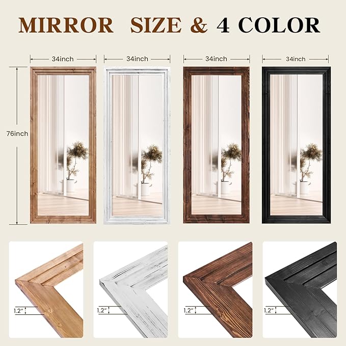 Full Length Mirror 76"x34" Solid Wood Frame Floor Large Mirror for Living Room, Bedroom Hanging or Leaning Wall-Mounted, Black