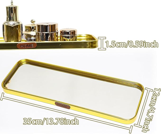 Luxury Mirrored Vanity Tray, Large Rectangular Stainless Steel Perfume Organizer, Gold Glass Mirror Decorative Tray for Makeup, Jewelry, Dresser, Bathroom Countertop (Gold)