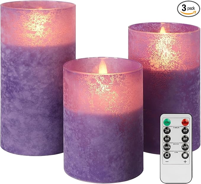 Purple Flameless Candles with Remote and Timer, Real Wax Battery Operated Candles for Home Decor, Set of 3 Flickering Glass LED Pillar Candles for Christmas Halloween Decoration