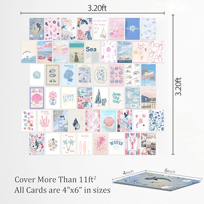 KBKBART Coastal Granddaughter Room Decor, Pink and Blue Wall Collage Kits, 50 Pcs 4x6 Inch Beachy Aesthetic Wall Art Prints Posters, Coastal Cowgirl Room Dorm Wall Decor for Teen Girls