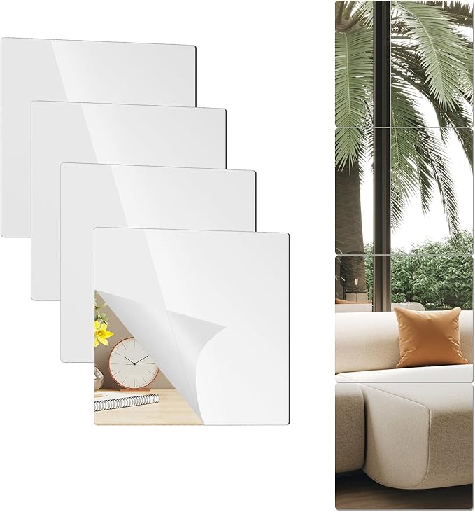 8 Pack 14x12 Inch Shatterproof Acrylic Mirror Tiles – Self-Adhesive, Unbreakable Wall Mirrors for Kids, Toddlers, Bedroom, Bathroom & Home Gym – Flexible, Safe & Easy Install