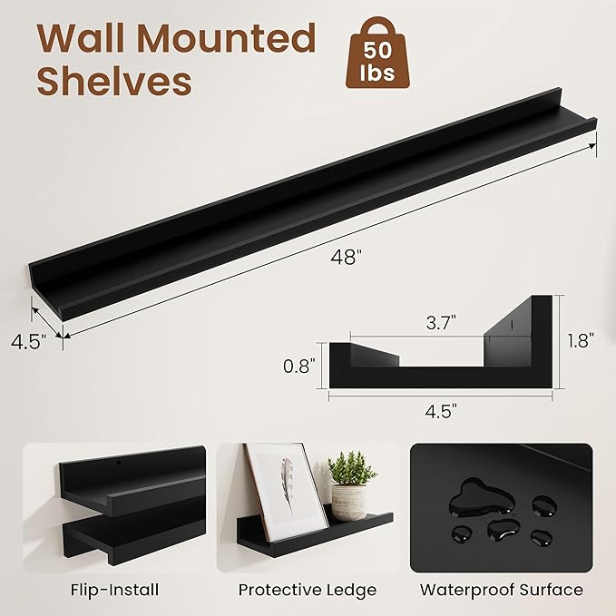 Heimlove Picture Ledge Shelf,48 inch Long Floating Shelves for Wall Set of 2,Black Picture Shelf with Lip for Wall Decor,Living Room,Bedroom,Bookshelf,Nursery,Perfume