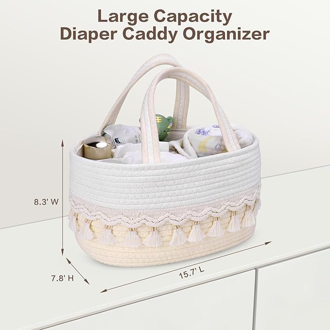 Diaper Caddy Organizer, Stylish Nursery Storage Basket, Baby Shower Basket with Tassel Decorative Appearance, Portable Storage Basket Suitable for Family and Car Travel