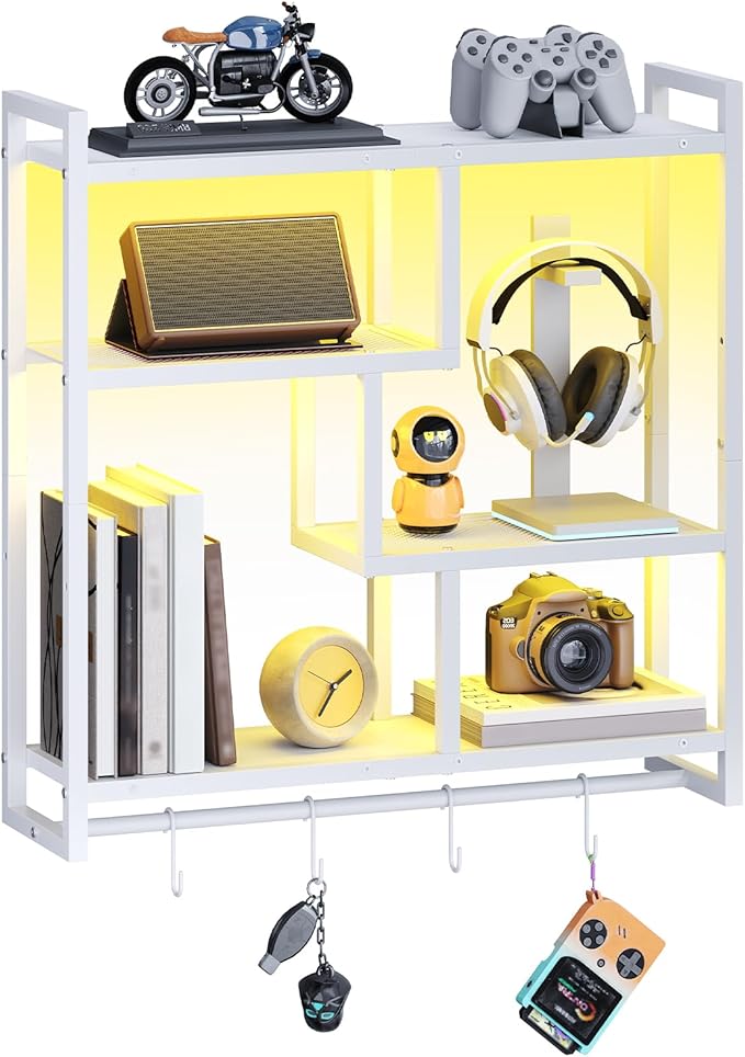 HOOBRO Gaming Floating Shelves with LED Lights, 28.7" LED Wall Mounted Shelf, 4-Tier Floating Wall Shelf for Storage, Display Rack with Hanging Bar and 4 S Hooks, for Gaming Room, White WT37DBJ01