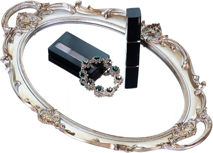 Zosenley Polyresin Ellipse Antique Decorative Mirror Tray, Makeup Organizer, Jewelry Organizer, Serving Tray, 9.8”x 14.6”, Golden Silver