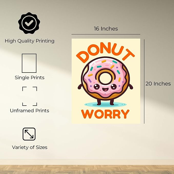 InkFlow Posters Donut Worry Poster - Smiling Donut Illustration - Playful Food Art Design - Kids Bedroom Kitchen Playroom Decor - Cheerful Cartoon Style Print - 16x20 Unframed Canvas Print