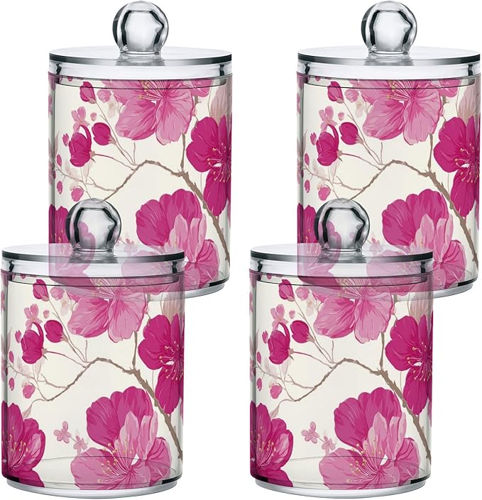 2 Pack Apothecary Jars Art Pink Peach Blossom Bathroom Vanity Storage Organizer Set,Small Clear Plastic Storage Jars Bathroom Canister for Cotton Swabs, Rounds, Balls, Qtips,Makeup Sponges, Flo