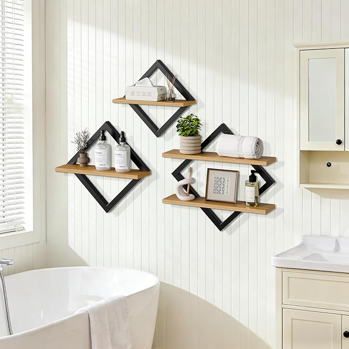 Floating Shelves Set of 3-2-Tier Hanging Wall Mounted Shelves, Decorative Storage Shelf for Living Room, Bedroom, Bathroom & Kitchen, Rustic Brown (3)