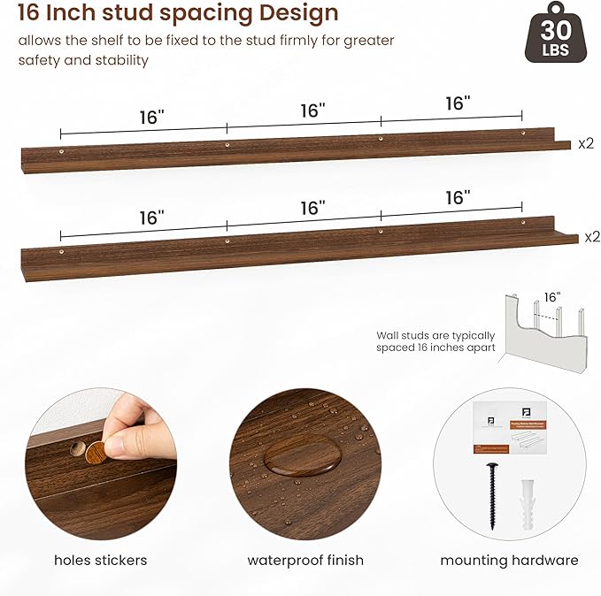 Axeman Picture Ledge Shelf | 55 Inch Walnut Floating Shelves Set of 4 | Rustic Wood Wall Shelves with Lip | 55" Walnut Picture Shelves for Wall with Ledge | Photo Shelves