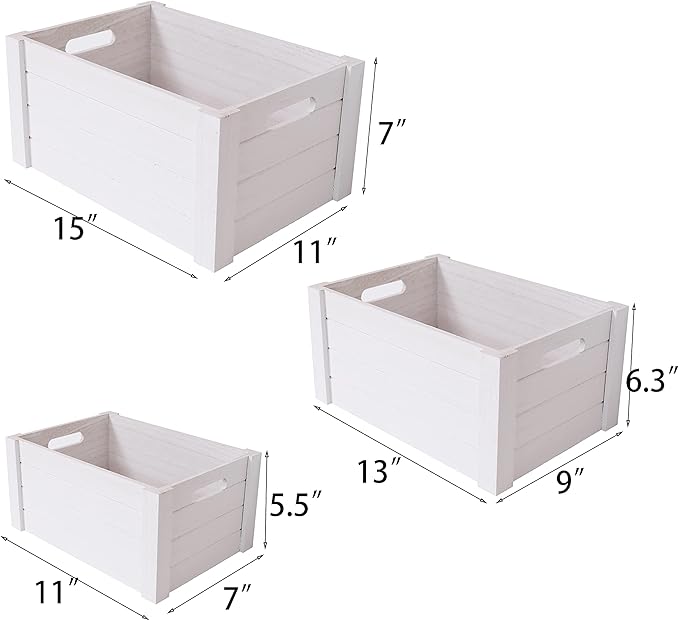 Farmhouse Modern White Wooden Crates For Storage,Rustic Decorative Boxes,Set Of 3 Extra Large Nesting Wooden Storage Crates For Home Decor,Handmade Natural Solid Wood Box (Morden White)