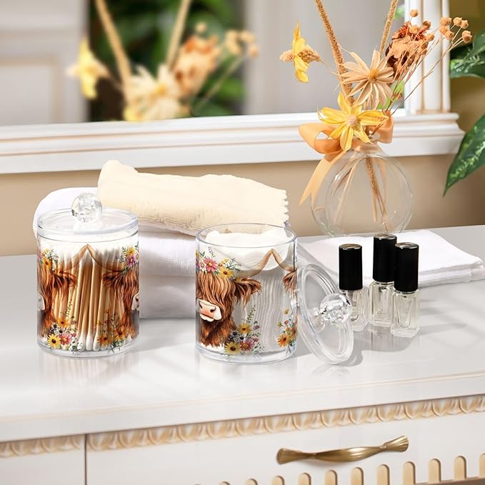 2 Pack Qtip Holder Dispenser for Cotton Ball Adorable Highland Cow Florals Swab Round Pads Clear Plastic Acrylic Jar Set Bathroom Canister