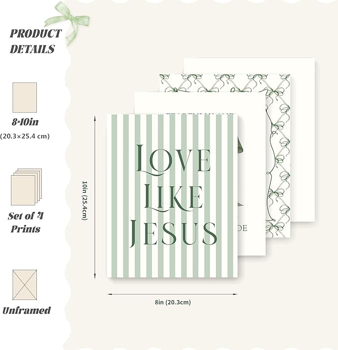 LARTSFRO Coquette Green Bow Jesus Wall Art Decor Posters, Olive Green Bow Christian Room Bedroom Bathroom Dorm Wall Art Decor Aesthetic for College Teen Girls Gifts, Inspirational Bible Verses Bow Wall Decor, 10x8 Inch Set of 4 Bow Pictures(UNFRAMED)