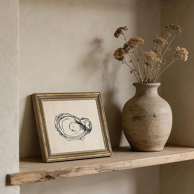 Gold Framed Wall Art Vintage Oyster Shell Sketch Wall Art Rustic Kitchen Cottagecore Seashell Wall Decor Picture Summer Beach House Still Life Poster Print for Living Room Dining Room 9x11in