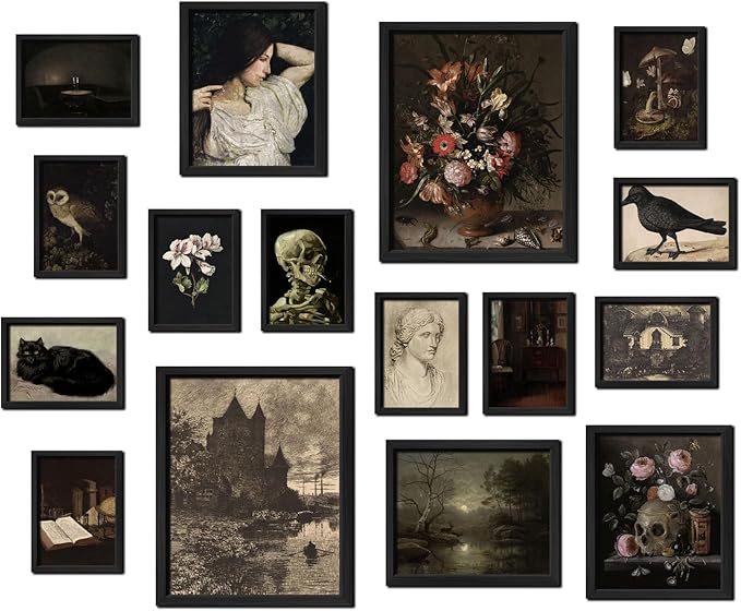 ANERZA 16 PCS Framed Dark Academia Room Decor, Gothic Home Decor, Moody Wall Art Prints for Bedroom, Gallery Wall Frame Set, Witchy Posters for Living Room Aesthetic, Halloween Dorm Collage Kit