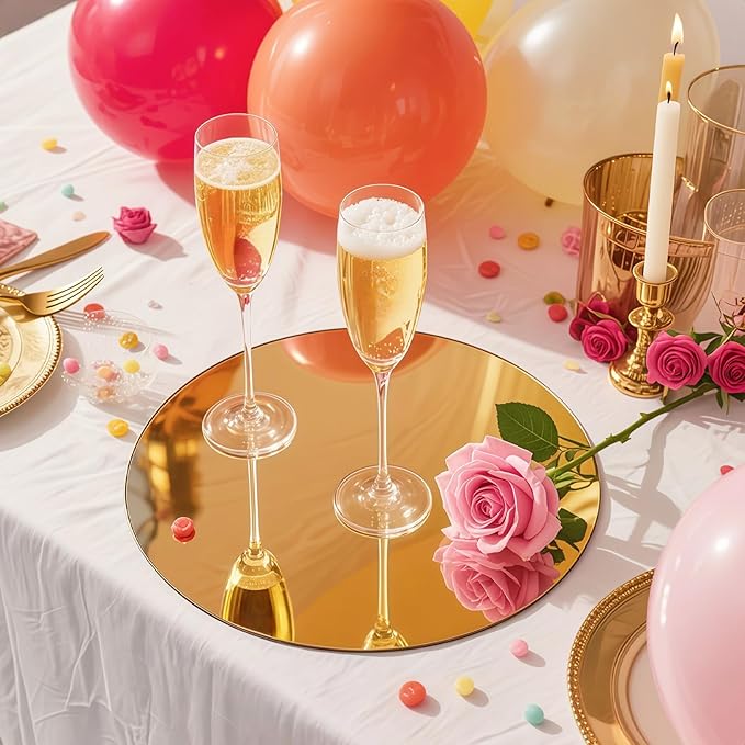 10PCS Gold Round Mirror Centerpieces for Tables Acrylic Circle Mirror Tray Candle Plate for DIY Craft Wedding Birthday Table Decorations Valentine Party Wall Decor (12inch/30cm)