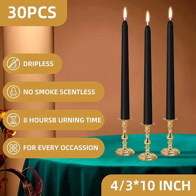 LYOBATH 30 Pack Black Taper Candles - Taper Candles 10 Inch Dripless, Smokeless & Unscented - 8 Hours Long Burning - Ideal for Weddings, Dinner Parties, and Home Decor