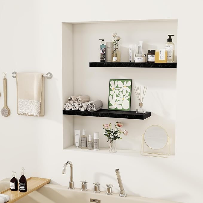 Fun Memories Deep Black Floating Shelf, 22.5" W x 6.5" D Rustic Wood Wall Shelf for Books with Invisible Brackets, Floating Shelf for Storage & Display in Kitchen, Living Room, Bedroom, 2 Packs
