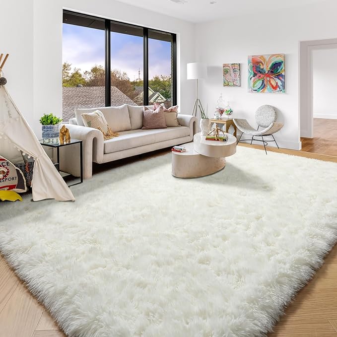 Amdrebio Ivory Rugs for Living Room Bedroom, 6x9 Soft Fluffy Area Rug for Kids Nursery, Furry Fuzzy Plush Shaggy Cream White Carpet for Classroom Playroom Home Decor, Cute Modern Thick Neutral Rug
