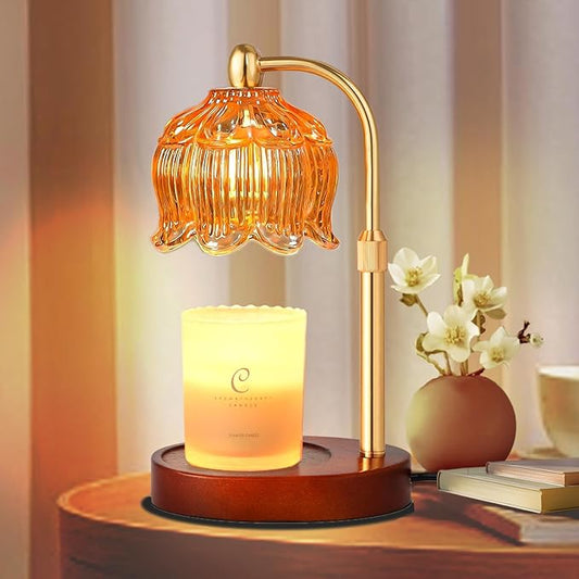 Adjustable Flower Candle Warmer Lamp with Timer, Lotus Tulip Glass Warmer Light for Jar Candles, Electric Wax Warming Melter, Gifts for Women Mom, Vintage Bedroom Decor (Amber)