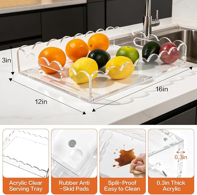 Acrylic Serving Tray 16"×12" with Handles, Clear Acrylic Scalloped Tray with Magnetic Mat for Customizable Picture, Spill Proof Clear Decorative Tray for Coffee Table, Vanity, Makeup Organizer