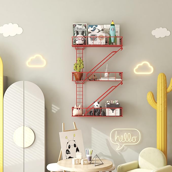 Red Metal Fire Escape Wall Shelf, Unique Decorative Shelves for Wall, New York Shelf Ladder Storage, Funky Knick Knack Shelf Organizer, Industrial Wall Shelves for Bathroom, Living Room
