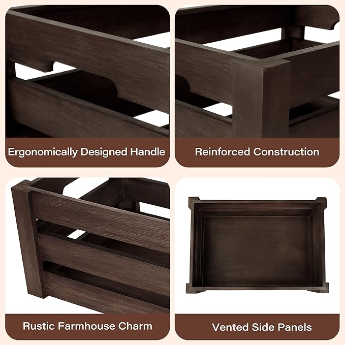 Wooden Crates for Storage and Display - Set of 3 Heavy Duty Nesting Wood Crates, Rustic Farmhouse Decorative Storage Boxes for Shelves, Pantry & Home Organization (L/M/S)