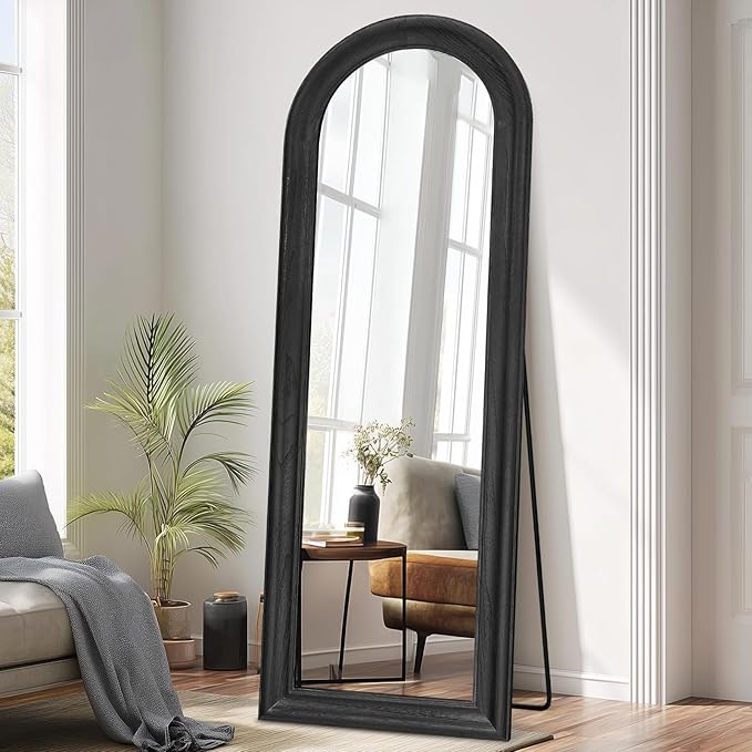 Solid Wood Full Length Mirror - 65"x22" Arched Floor Mirror, Free Standing & Wall Mounted - Elegant Design for Bedroom, Dressing Room, Hallway, Black