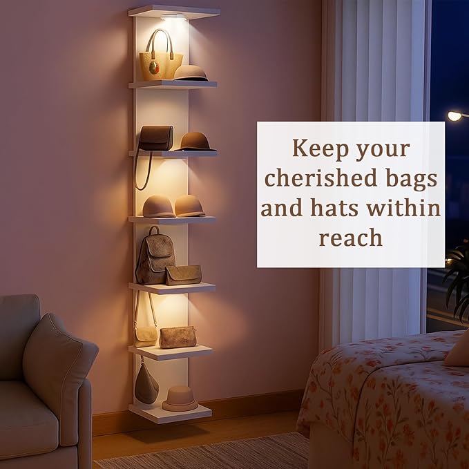 Pinkunn 2 Pack 7-Tier LED Floating Wall Shelf with Remote, 77in Tall Adjustable Lighting Wall Shelf Unit, Vertical Storage Display Organizer Floating Rack for Bedroom, Living Room, No Battery(White)