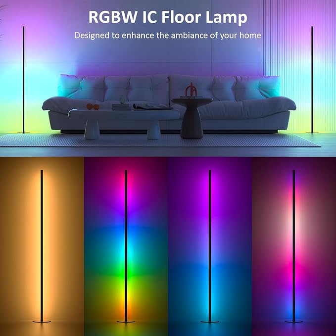 Corner Floor Lamp 2 Pack, 55" Minimalist Standing Lamp with Remote Control, Music Sync 16 Million Colors, Warm White Ambient Lighting, Color Changing LED Corner Lamp for Living Room Bedroom Gaming