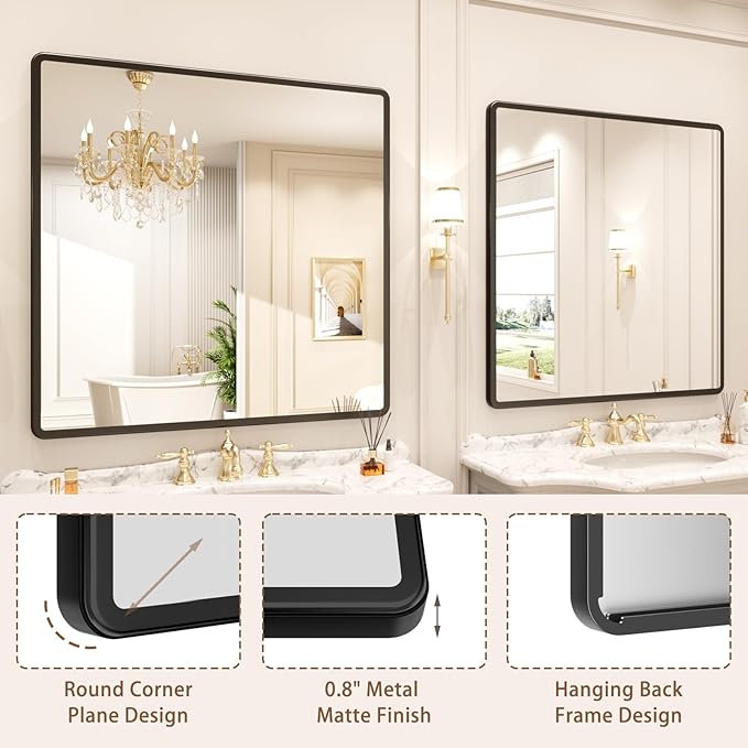 pertetey New Upgrade Bathroom Mirror, 36X36 Inch Black Metal Frame Wall Mounted Rounded Rectangle Bathroom Vanity Mirror with Tempered Glass for Washroom Bedroom Living Room