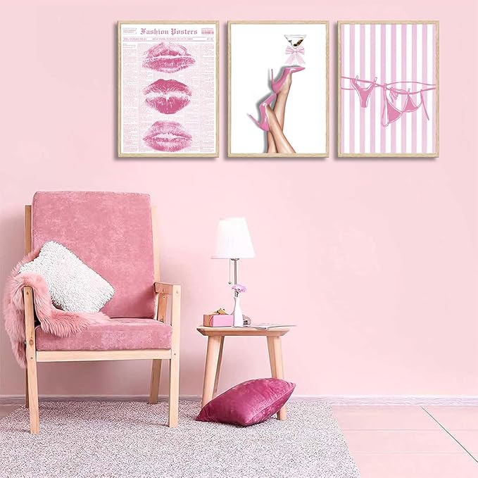 3Pcs Trendy Coquette Wall Art Pink Lips Bikini & Bow Heels Wall Decor Pictures Vintage Martini Newspapaer Canvas Posters Prints for Y2K Girly Room Dorm Apartment Preppy Aesthetic Decor 16x24in