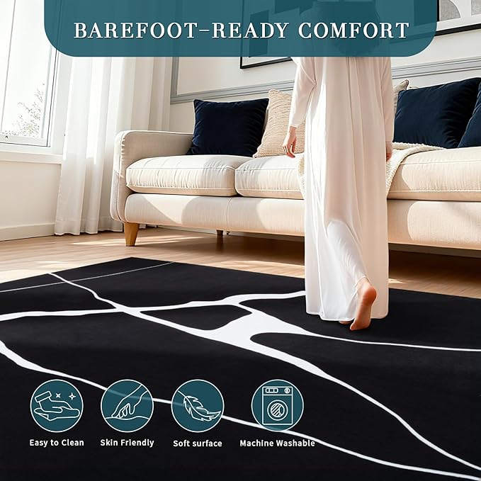 YIHOUSE Abstract Washable Rug 5x7,Ultra Thin Non Slip Black Rugs for Living Room,Modern Minimalist Stripe Rugs for Bedroom,Dining Room Office Playroom (5'x7',Black-White)