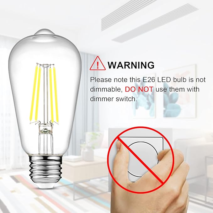 Ascher Vintage LED Edison Bulbs, 6W, Equivalent 60W, Non-Dimmable, Daylight 5000K, 700Lumens, ST58 Antique LED Filament Bulbs with 80+ CRI, E26 Medium Base, Clear Glass, Pack of 4