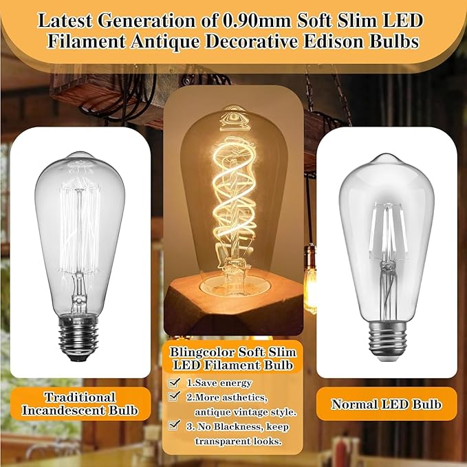 BLINGCOLOR E26 LED Vintage Edison Light Bulbs 40W Equivalent, Dimmable E26 4W LED 2500K Amber Warm Light Bulbs, ST58 Decorative Edison Bulbs for Pendant Lights Fixture, CRI90+, 2 Pack