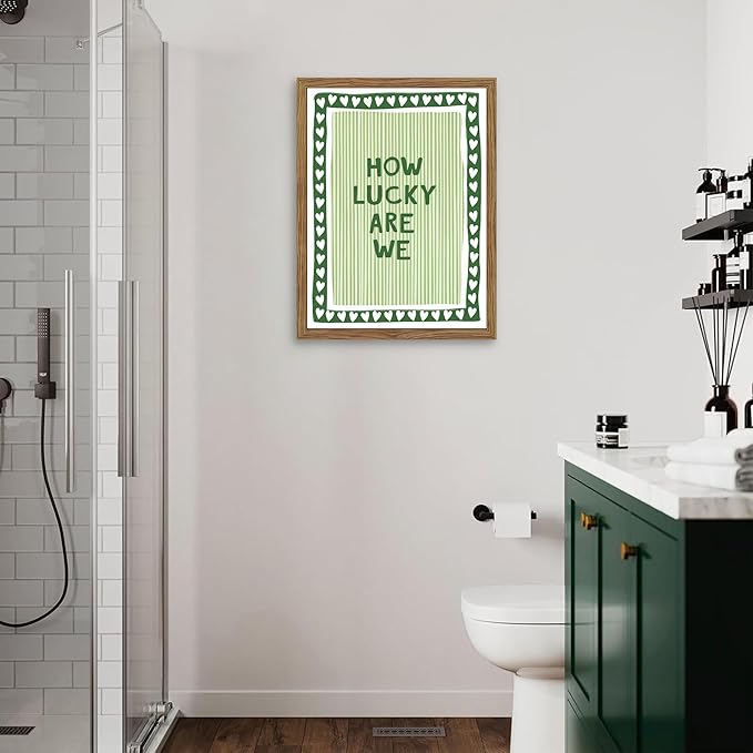 How Lucky Are We Wall Art, Vintage Green Inspirational Canvas Wall Decor Painting, Trendy Preppy Stripe Quotes Posters Prints Pictures for Bedroom Dorm Apartment Decor 12x16 Inch Framed