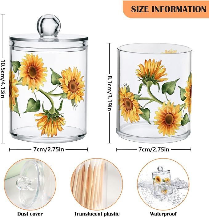 2 Pack Qtip Holder Dispenser for Cotton Ball Sunflower Wreath Cotton Swab Round Pads Clear Plastic Acrylic Jar Set Bathroom Canister