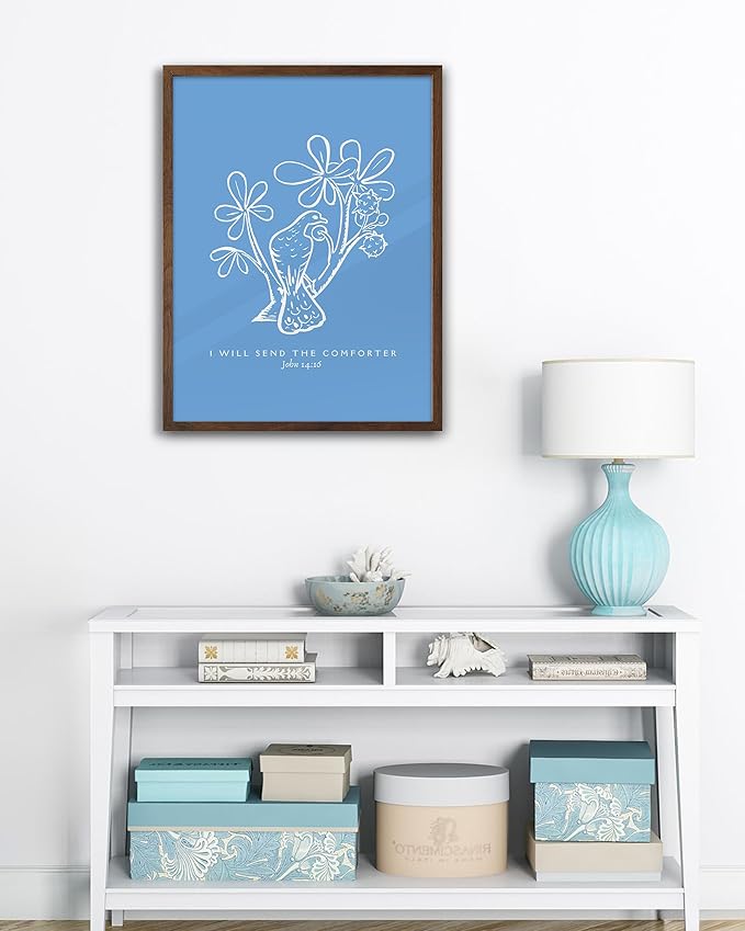 EcoHest Walnut Color OAK Wood Jesus Framed Wall Art, 12x16in John 14:16 I Will Send The Comforter Bible Verse Christian Wall Art, Blue Bedroom Decor For Living Room Bathroom Christian Gift 1Pack