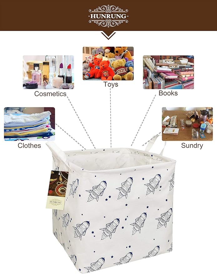 HUNRUNG Square Storage Bins Nursery Hamper Canvas Laundry Basket Foldable with Waterproof Nursery Boxes for Shelves/Gift Baskets/Toy Organizer/Office, Bedroom (Square-Space airship)