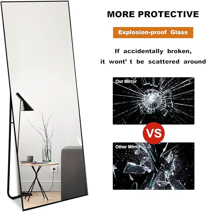 NeuType Full Length Mirror, 59"x16" Full Body Mirror with Stand Floor Mirror Full Length Standing Mirror Wall-Mounted Mirror Hanging or Leaning Against Wall Aluminum Alloy Thin Frame (Black)