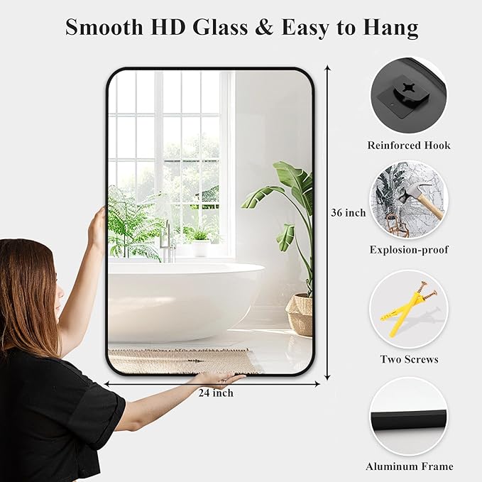 Fabuday Black Bathroom Mirror for Over Sink - 24x36 Wall Mirror with Matte Metal Frame, Big Rounded Rectangular Vanity Mirrors for Bedroom, Living Room, Entryway, Horizontally/Vertically
