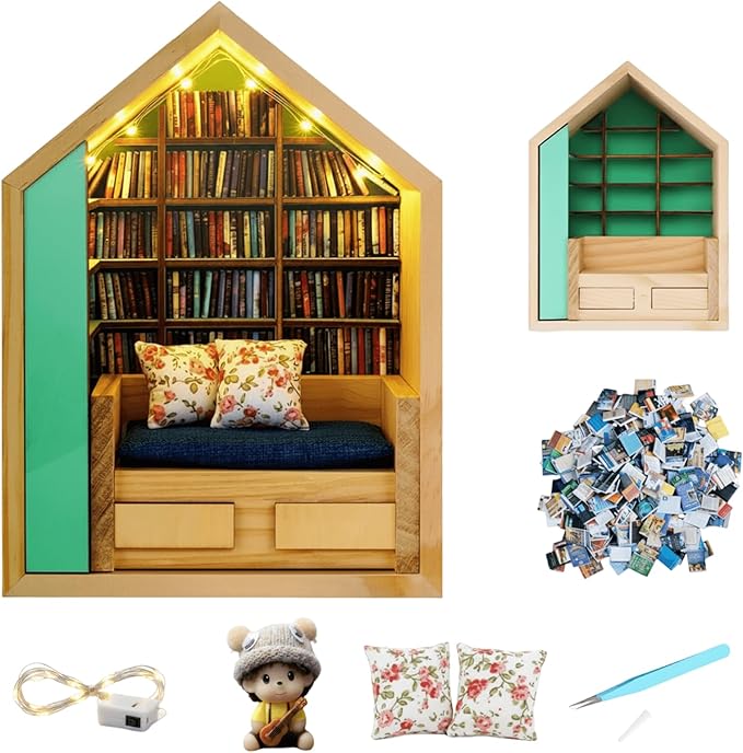 Anxiety Bookshelf with 300Pcs Mini Books & Light, Mini Bookshelf for Stress Relief, DIY Miniature Library Book Shelf, Tiny Bookstore Desk Organizer Decor for Home Office, Gifts for Family & Friend