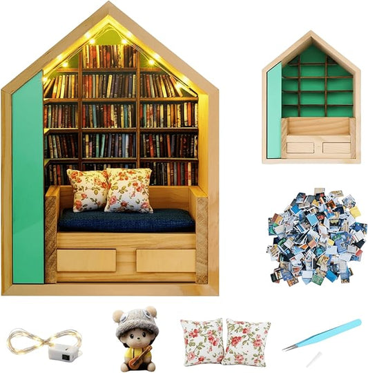 Anxiety Bookshelf with 300Pcs Mini Books & Light, Mini Bookshelf for Stress Relief, DIY Miniature Library Book Shelf, Tiny Bookstore Desk Organizer Decor for Home Office, Gifts for Family & Friend
