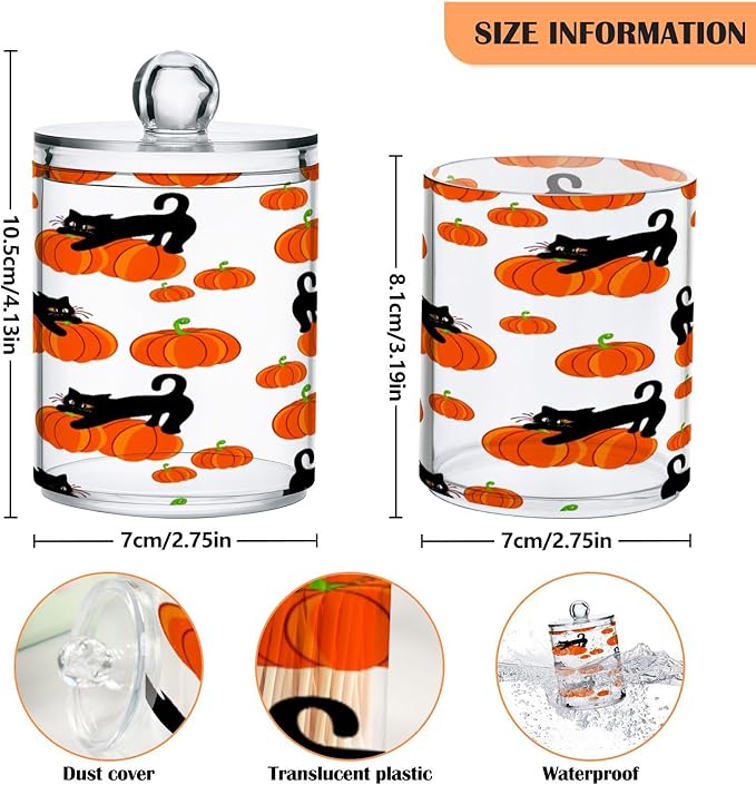 Nander 4Pack Halloween Pumpkin and Black Cat Qtip Holder Dispenser -Clear Plastic Apothecary Jars Set - Restroom Bathroom Makeup Organizers Containers for Cotton Swab, Ball, Pads, Floss