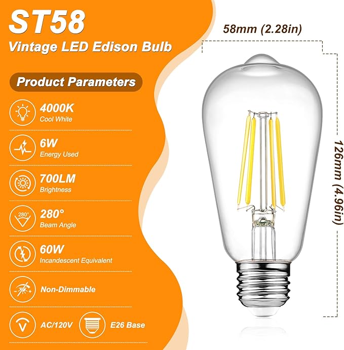 Ascher Vintage LED Edison Bulbs, 6W, Equivalent 60W, Non-Dimmable, High Brightness Cool White 4000K, ST58 Antique LED Filament Bulbs with 80+ CRI, E26 Medium Base, Clear Glass, Pack of 6