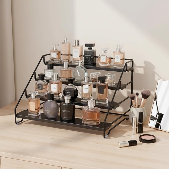 Cologne Organizer for Men, 4 Tier Perfume Stand, Metal Display Riser Stand, Dresser Organizer with Anti-Slip Washers,Display Stand Shelf for Fragrance, Skincare, Figurine, Dessert