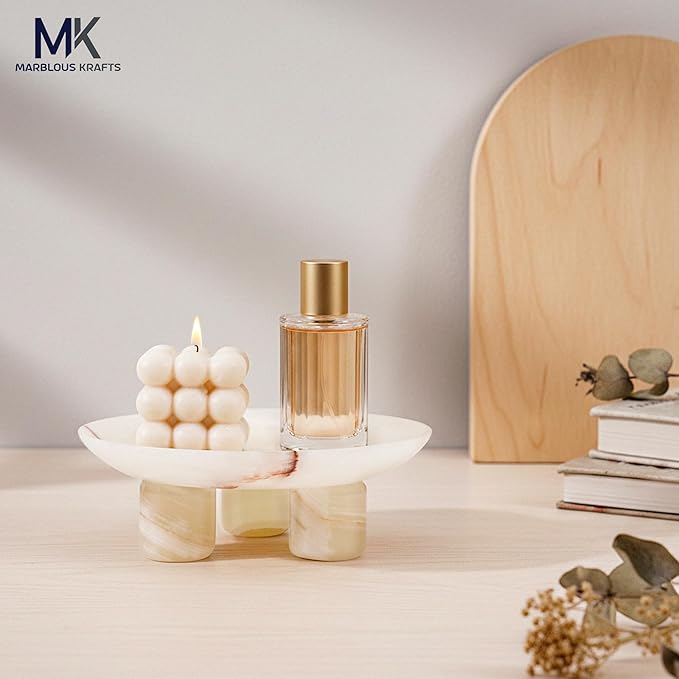 White Onyx Marble Decorative Tray 8' inch Vanity Organizer Tray for Perfume Display, Jewelry Dish for Bathroom Countertop and Luxury Home Decor