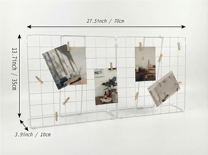 Foldable Double-sided Desktop Photo Display Rack & Grid Display Board With 20 Wooden Clips – Photo & Accessory Organizer For Home Office White