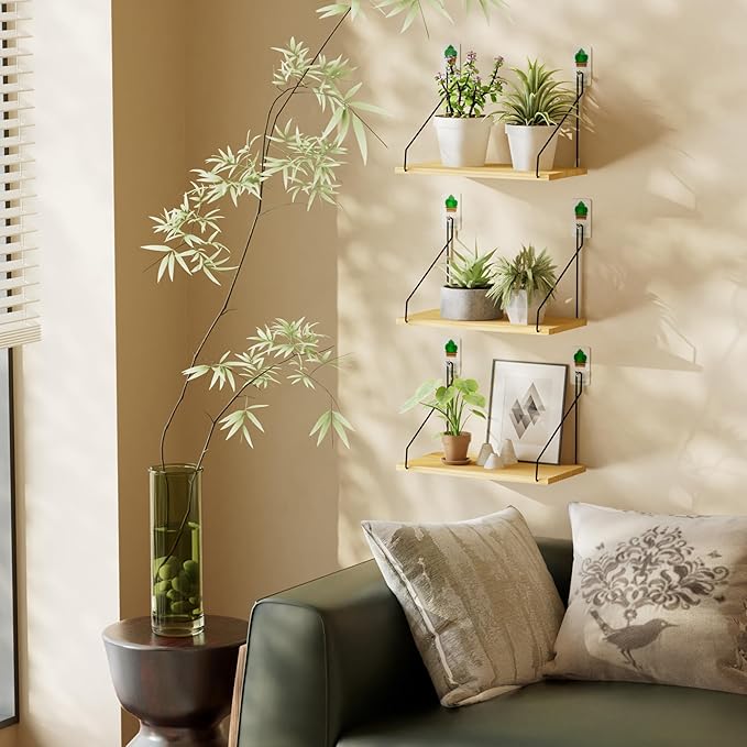 QsQueen Elevate Your Space with Rustic Wood Floating Shelves Set of 3- Perfect for Bedroom, Living Room, Bathroom, and Kitchen Decor - Easy Installation, No Drilling Needed!